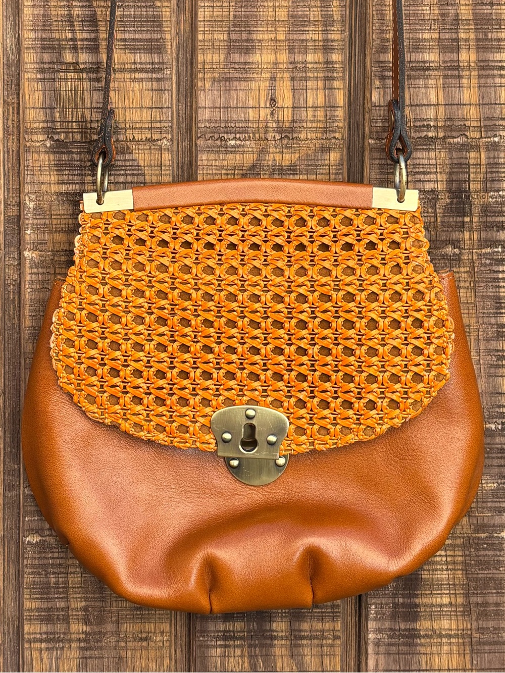 Patricia Nash Veneto Woven Wicker Flap Chestnut Tan Crossbody Purse
